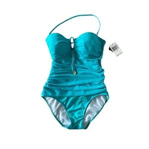 NWT! LAUREN RALPH LAUREN One Piece Ruched Bandeau w/ removable halter strap, 6
